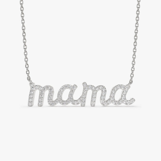 14k Solid Gold Round Diamond 0.30 CTW Micro Pave Script Mama Necklace