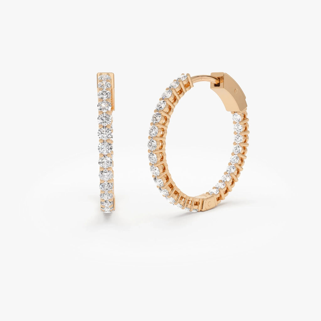 14k Gold Diamond Round Cut Inside Out Hoop Earrings Prong Setting 0.99 ctw