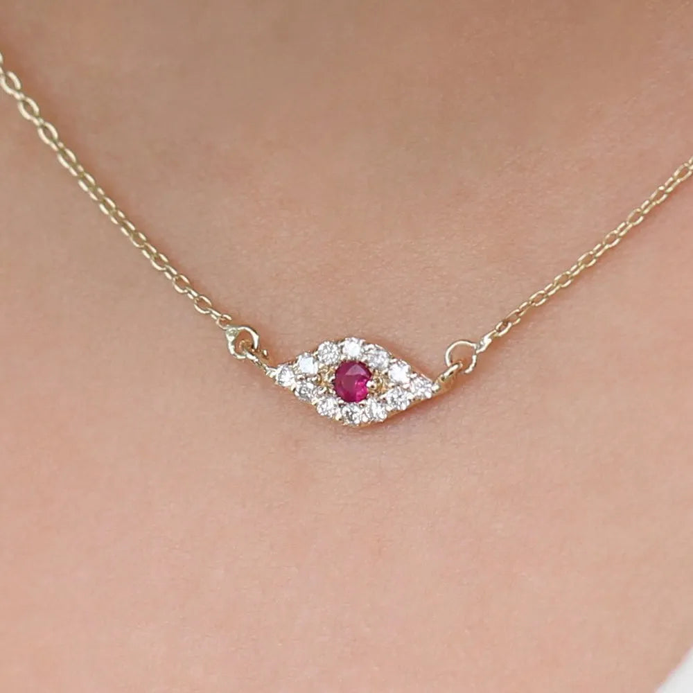 14k Solid Gold Ruby and Diamond Round Evil Eye Necklace 0.17 Carat Micro Pave Setting