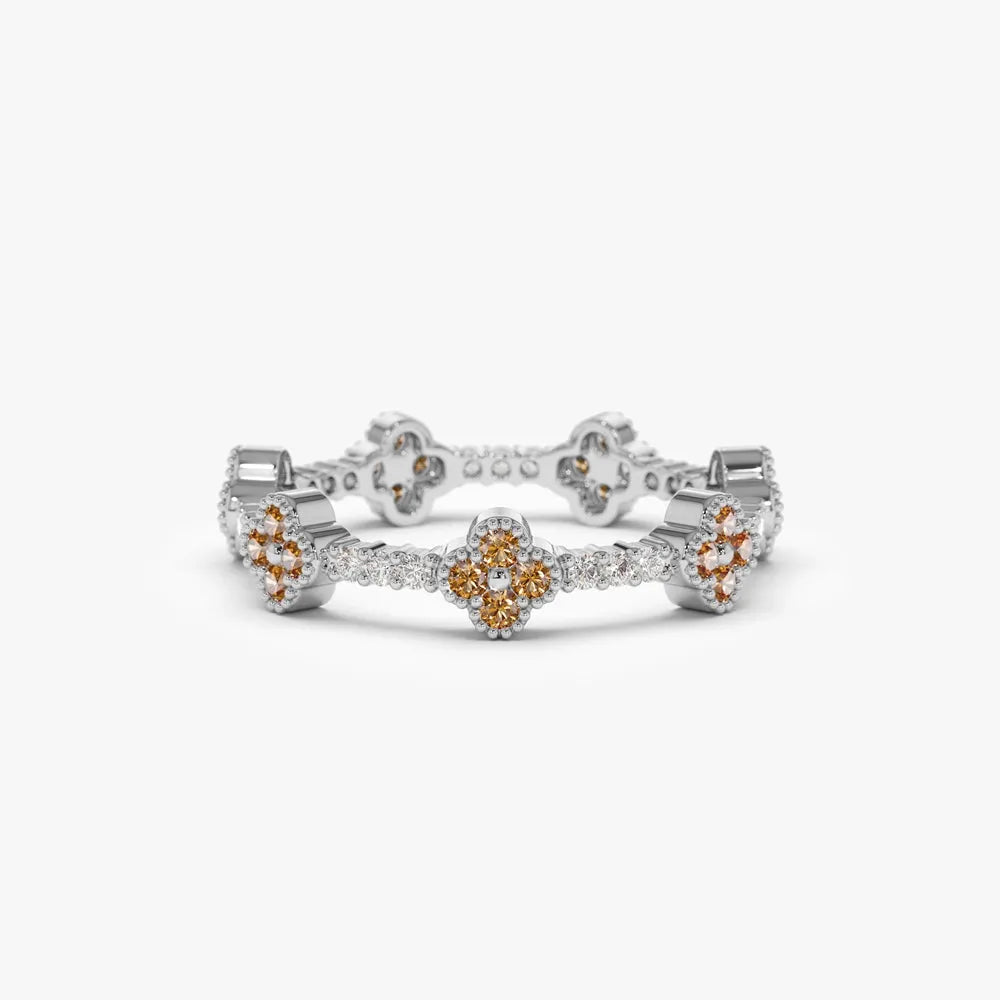 14K Gold Round Citrine and Diamond 0.47ctw Clover Full Eternity Ring