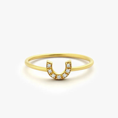 14K Gold White Diamond Round Cut Horseshoe Ring Micro Pave Stackable 0.04 CTW