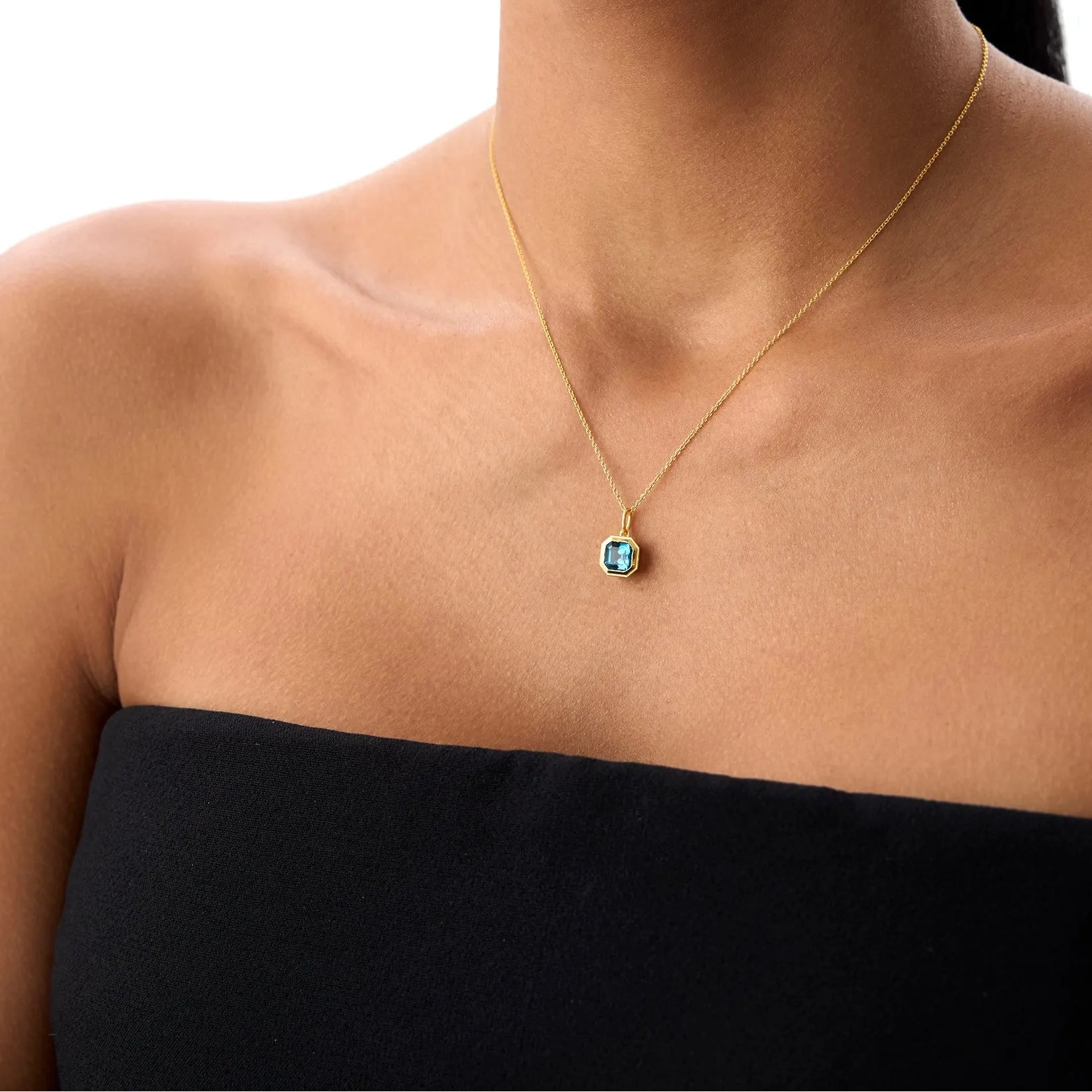 14k Solid Gold London Blue Topaz Asscher Cut Necklace 1.20 Carat Bezel Setting