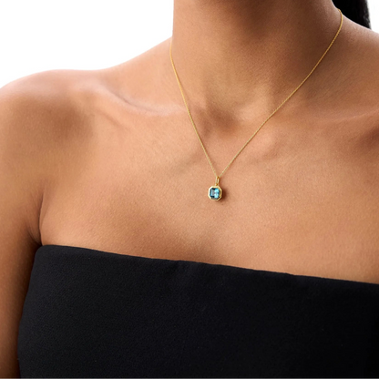 14k Solid Gold London Blue Topaz Asscher Cut Necklace 1.20 Carat Bezel Setting