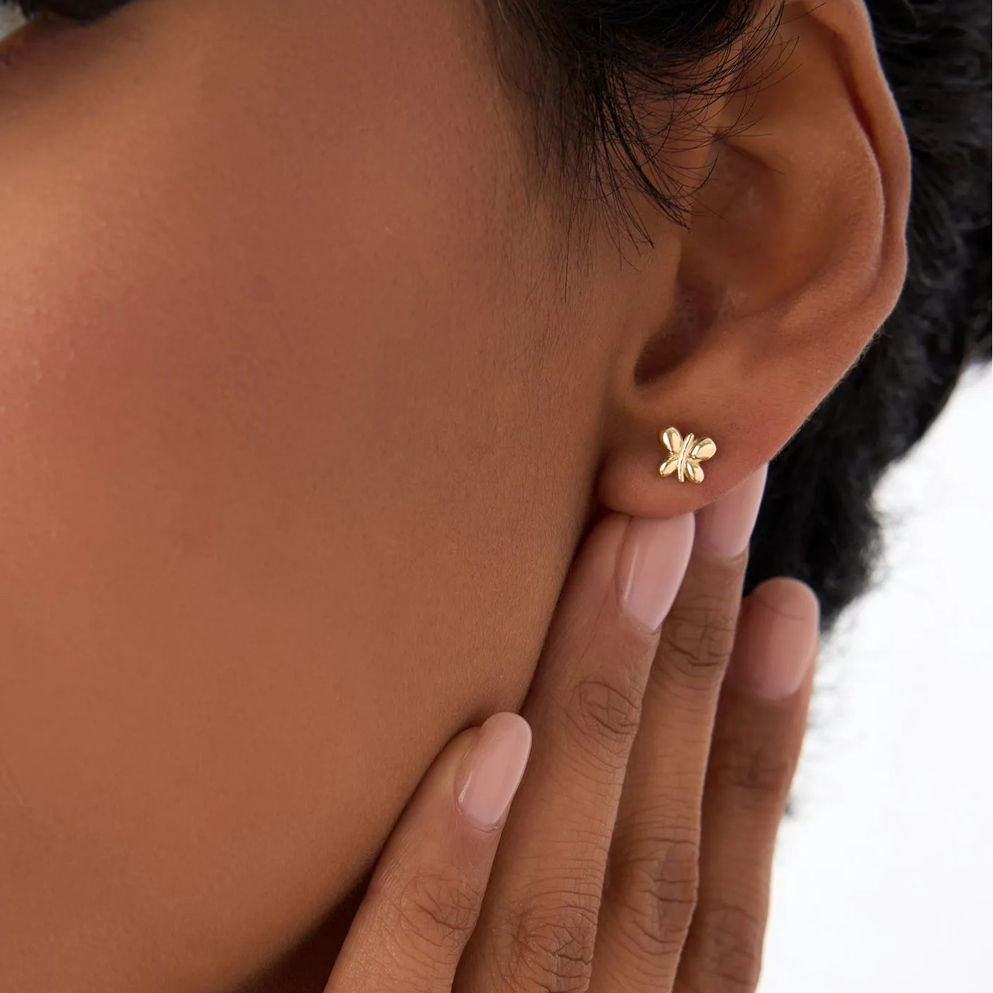 14k Solid Gold Bubble Butterfly Stud Earrings Minimalist Geometric Style