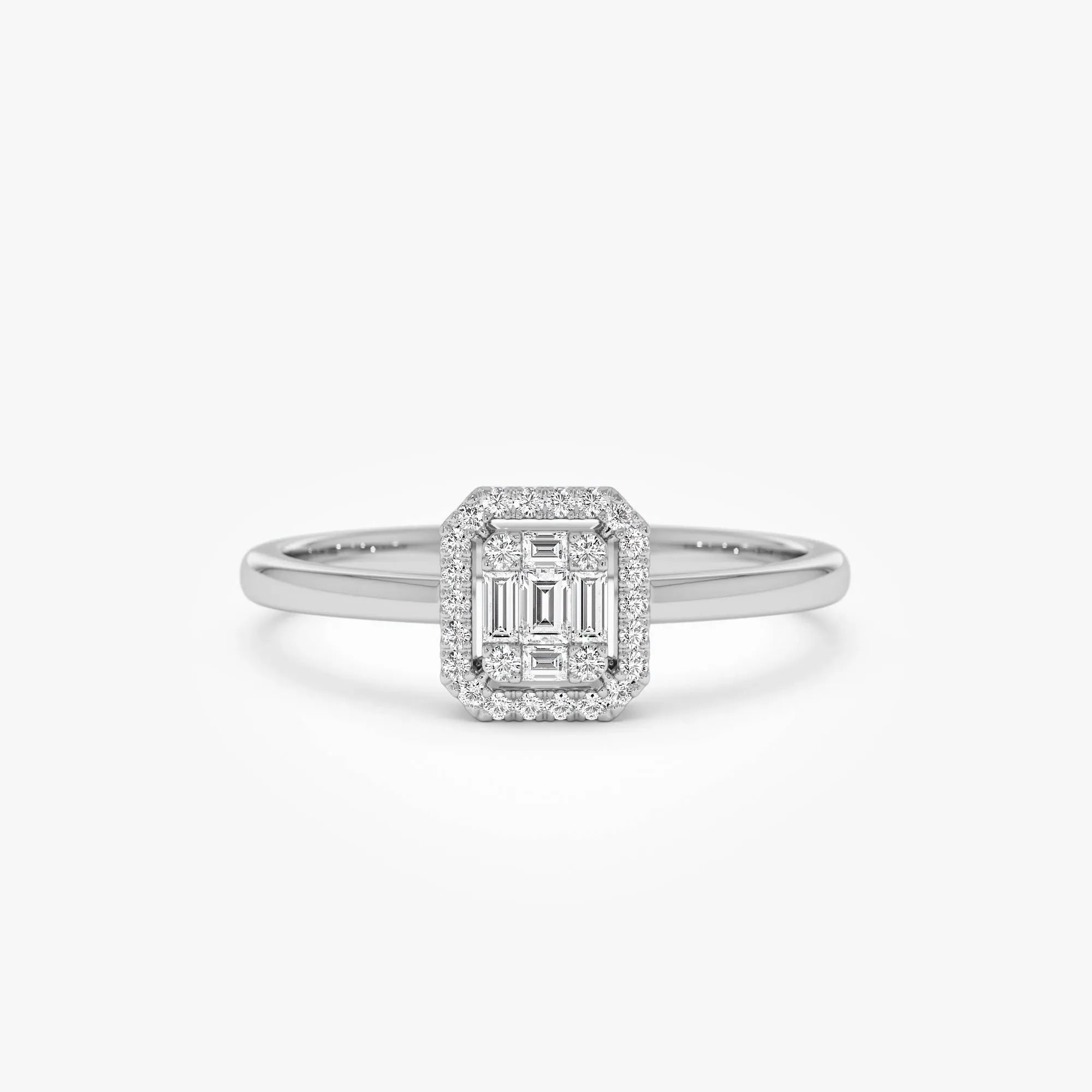 14k Gold Rectangular Baguette and Round Diamond Halo Ring 0.25 ctw