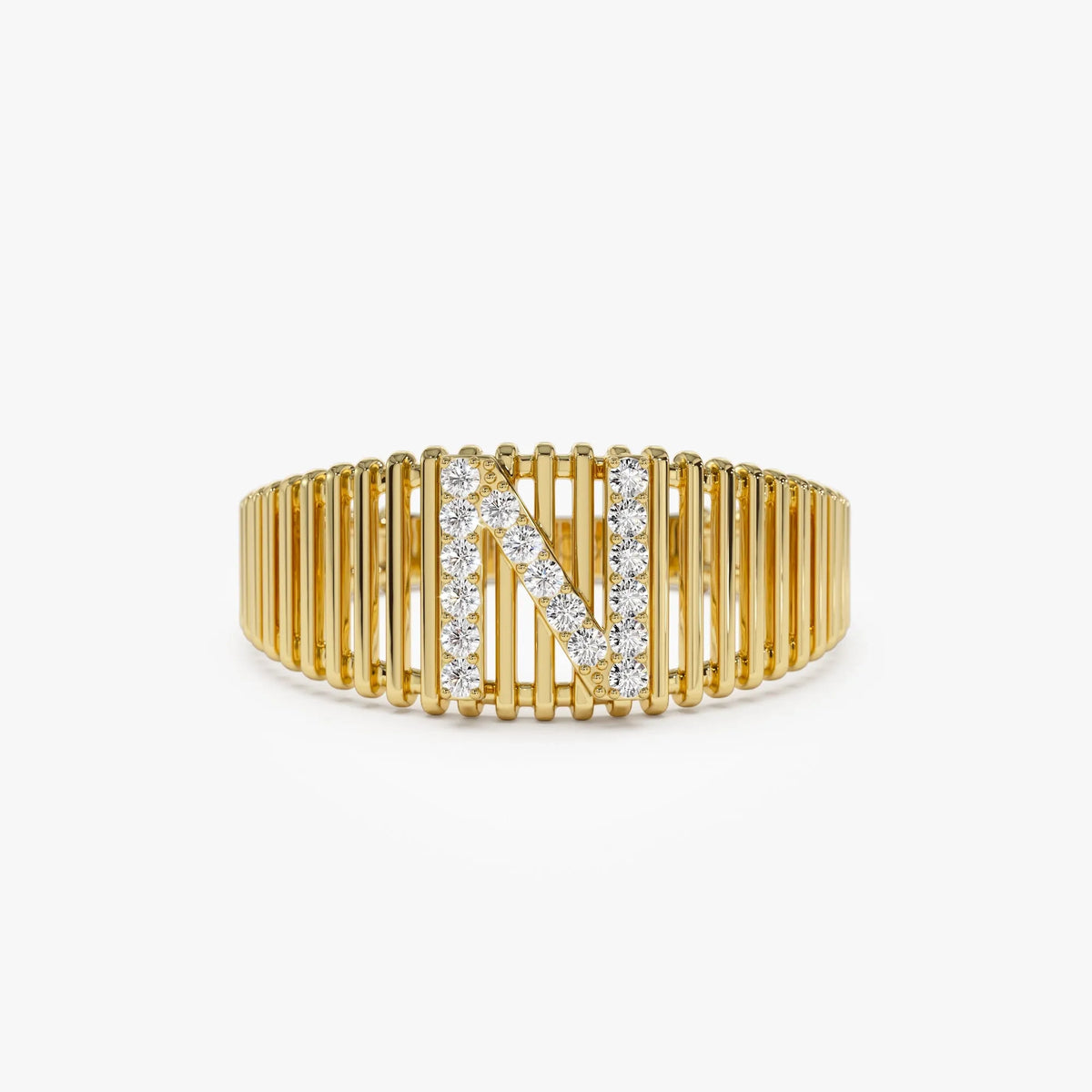 14K Solid Gold Round Diamond Ribbed Cage Initial Ring Personalized Custom Jewelry