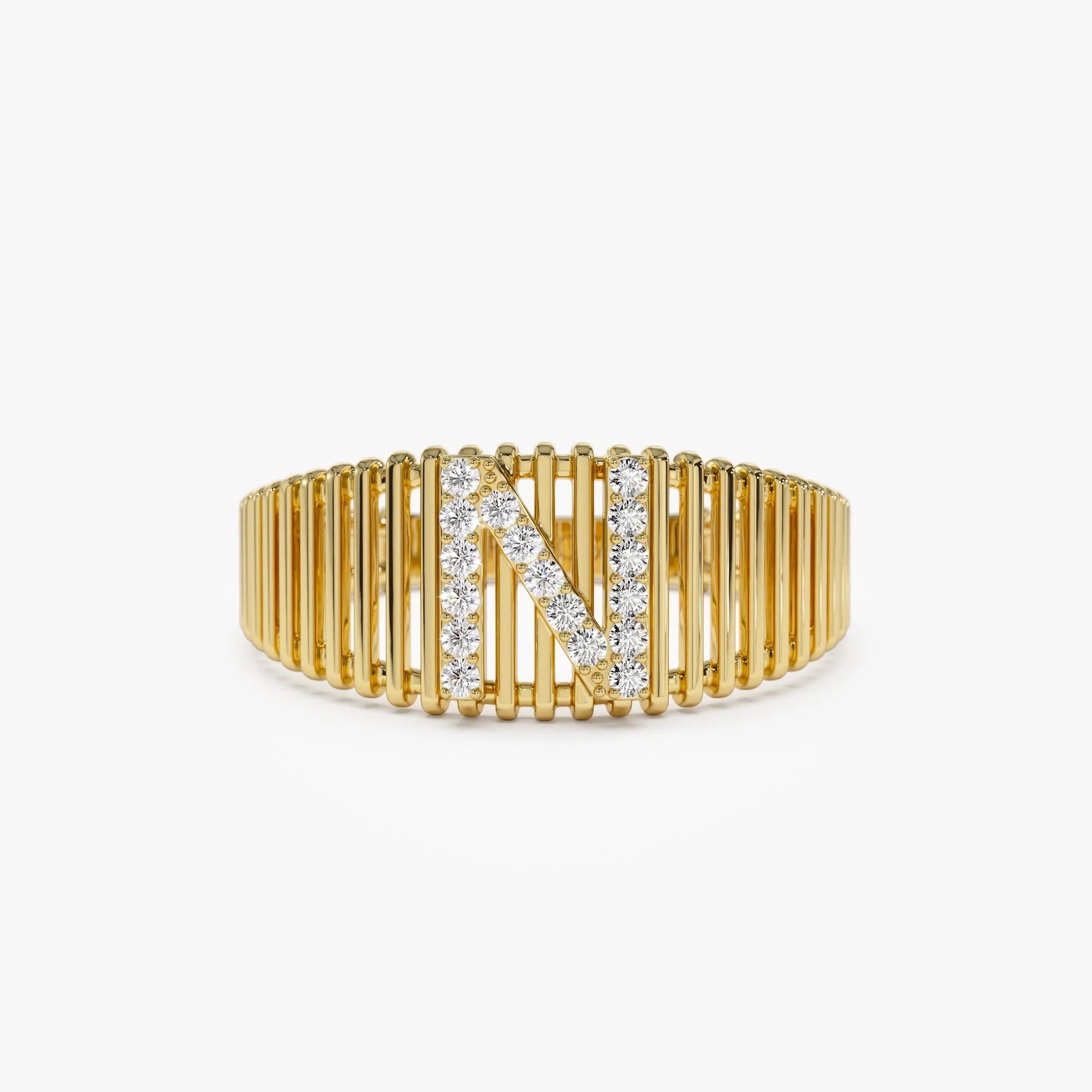 14K Solid Gold Round Diamond Ribbed Cage Initial Ring Personalized Custom Jewelry