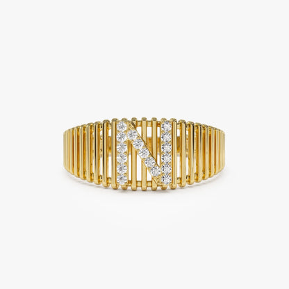 14K Solid Gold Round Diamond Ribbed Cage Initial Ring Personalized Custom Jewelry