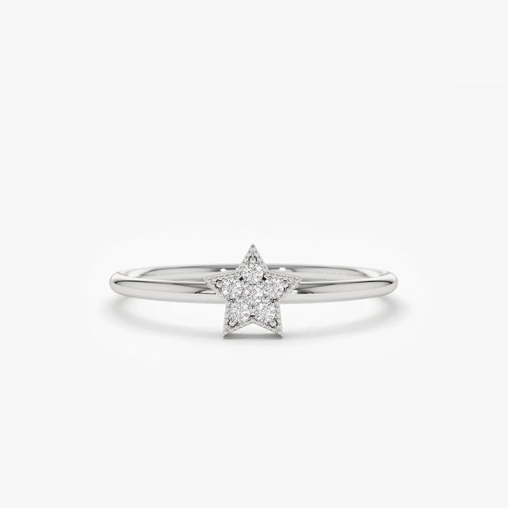 14K Solid Gold Round Diamond Star Shaped Stackable Ring