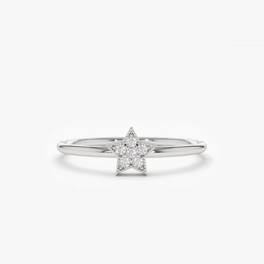 14K Solid Gold Round Diamond Star Shaped Stackable Ring