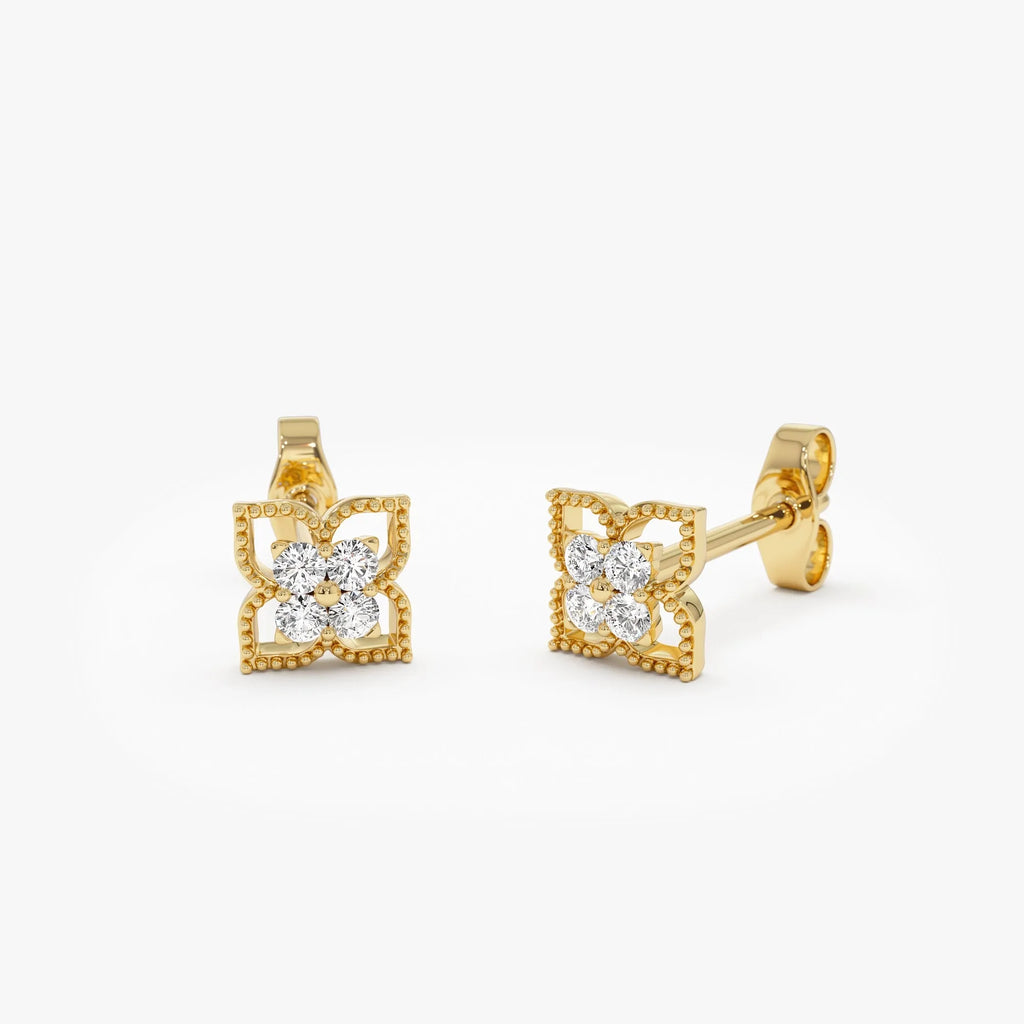 14k Gold Diamond Round Cut Floral Cluster Stud Earrings 0.12 ctw