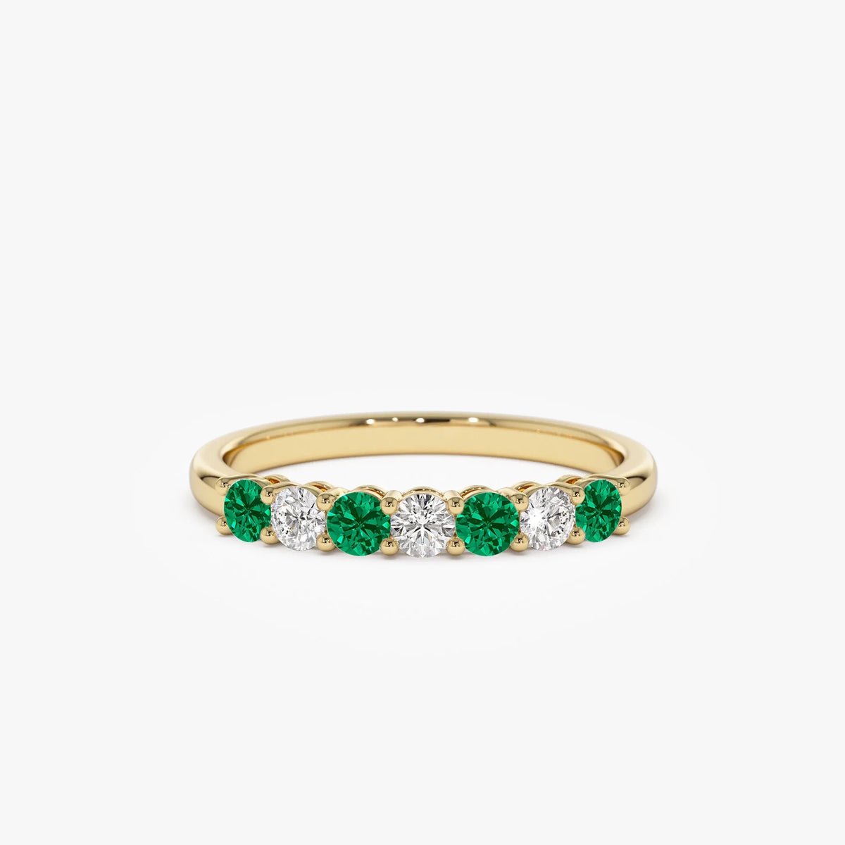 14K Solid Gold Round Emerald and Diamond 7 Stone Basket Setting Wedding Ring 0.40 CTW