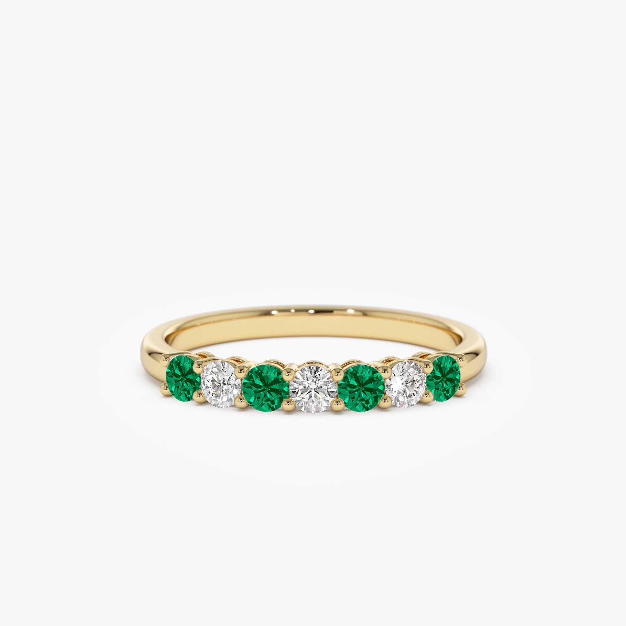 14K Solid Gold Round Emerald and Diamond 7 Stone Basket Setting Wedding Ring 0.40 CTW