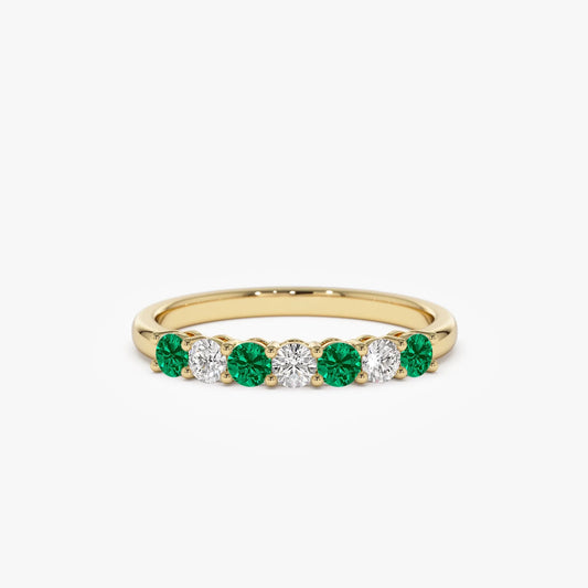 14K Solid Gold Round Emerald and Diamond 7 Stone Basket Setting Wedding Ring 0.40 CTW