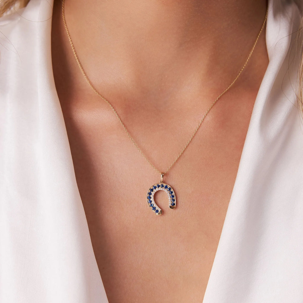 14k Solid Gold Sapphire and Diamond Round Horseshoe Pendant 0.72 Carat