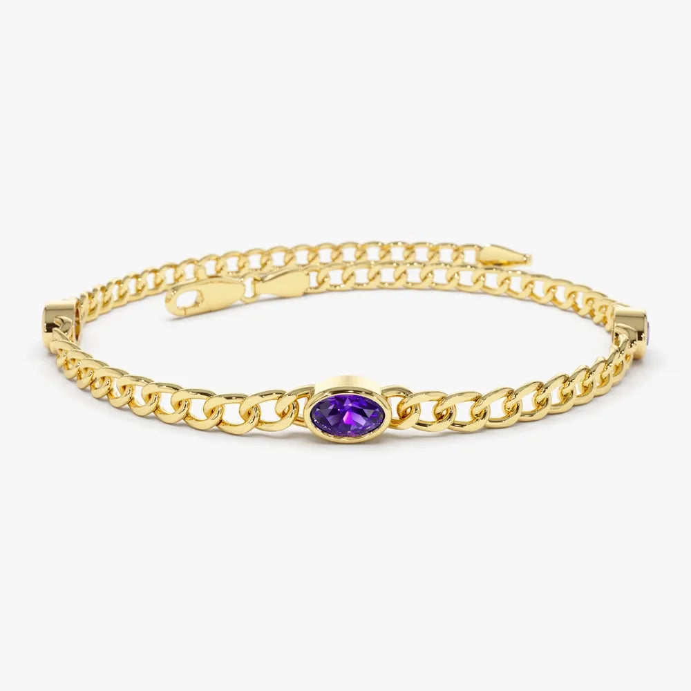 14K Solid Gold 0.60ctw Oval Amethyst Cuban Link Bezel Set Bracelet