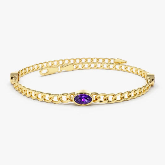 14K Solid Gold 0.60ctw Oval Amethyst Cuban Link Bezel Set Bracelet