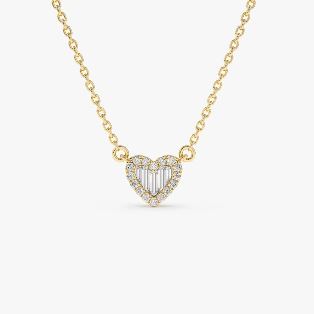 14K Solid Gold Round and Baguette Diamond Mini Heart Pendant Necklace 0.14ctw