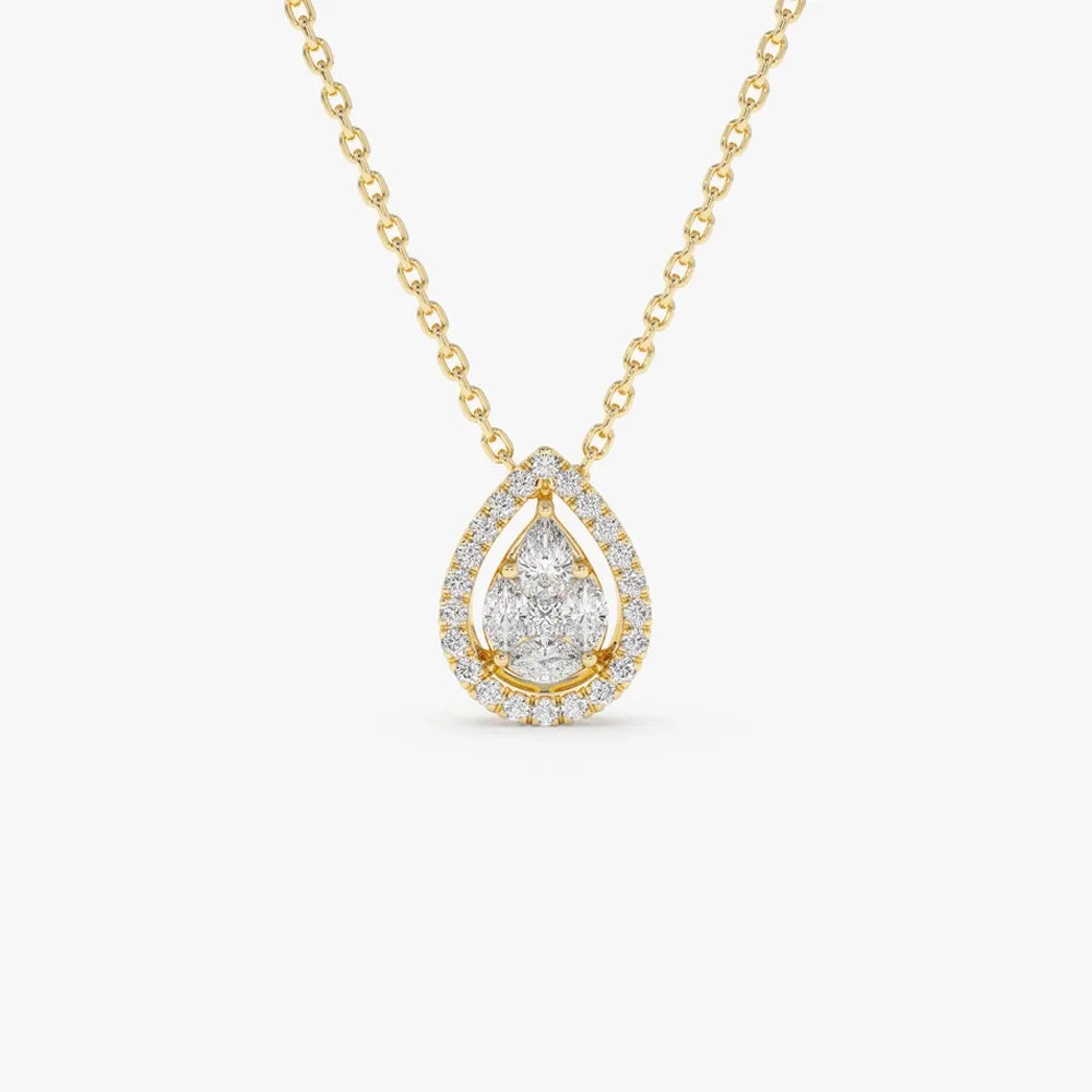 14K Solid Gold Pear Shape Diamond Illusion Setting Halo Pendant Necklace 0.25ctw