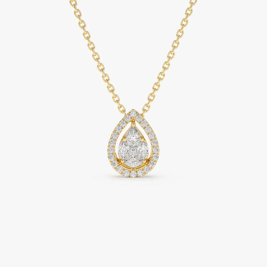 14K Solid Gold Pear Shape Diamond Illusion Setting Halo Pendant Necklace 0.25ctw