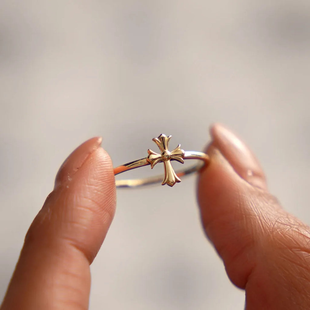 14k Gold Cathedral Cross Ring Wide Band with 9.2mm Motif