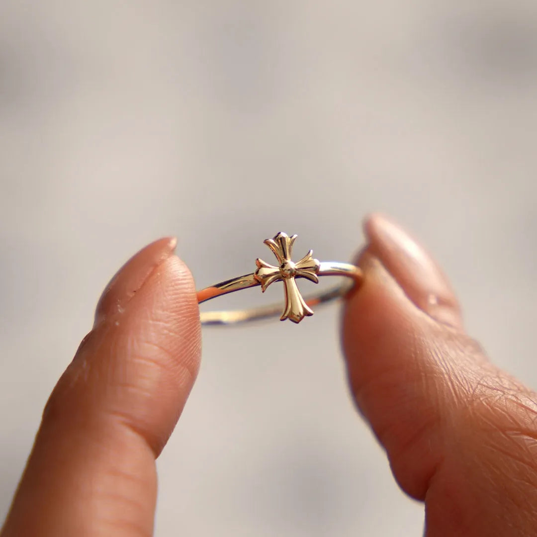14k Gold Cathedral Cross Ring Wide Band with 9.2mm Motif