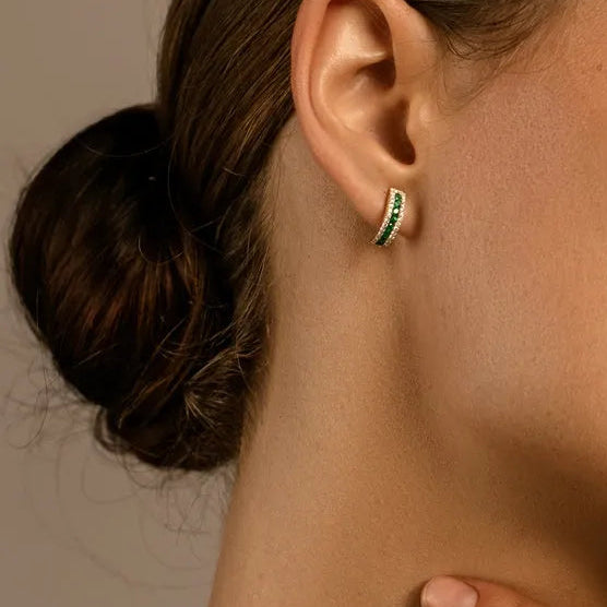 14k Solid Gold Round Emerald and Diamond Hoop Earrings 0.82 ctw