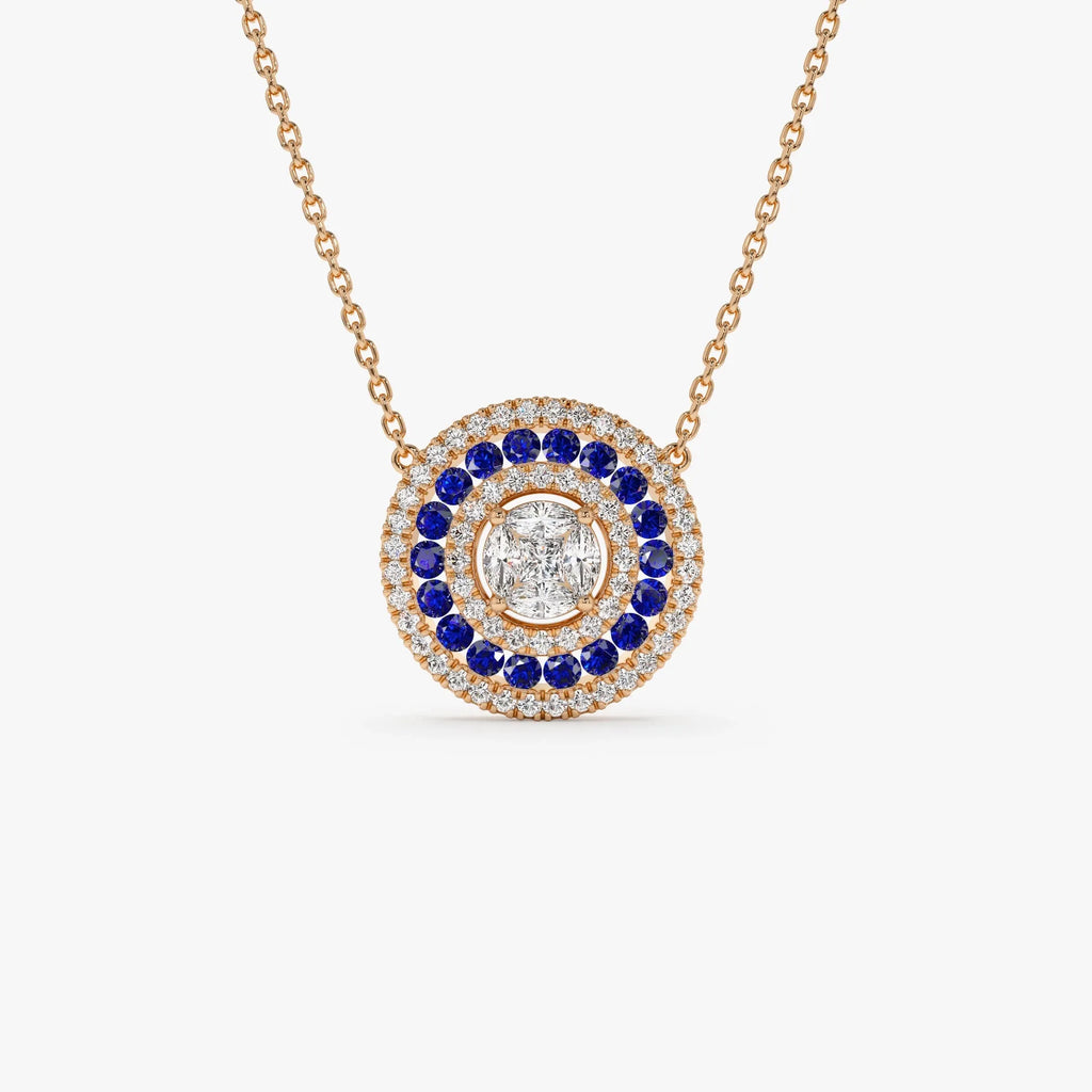 14k Solid Gold Sapphire and Diamond Round Princess Marquise Illusion Medallion Necklace 0.75 Carat
