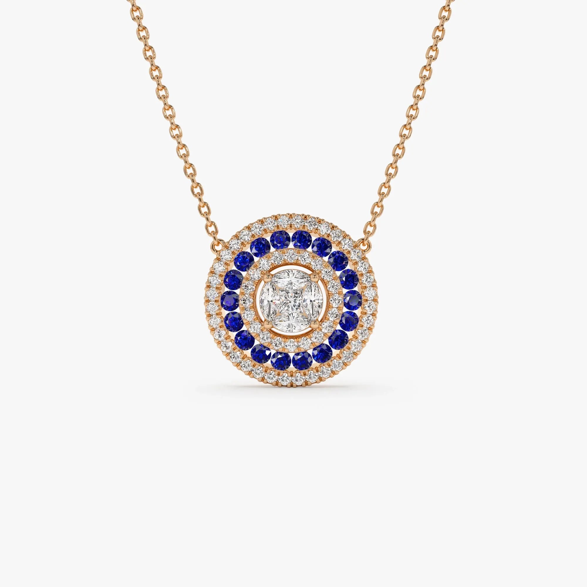 14k Solid Gold Sapphire and Diamond Round Princess Marquise Illusion Medallion Necklace 0.75 Carat