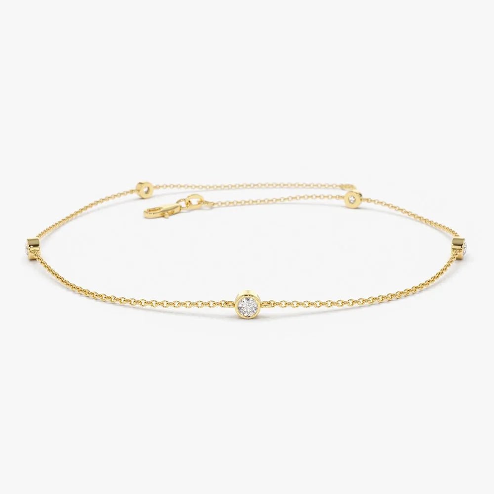 14K Solid Gold Round Diamond 5 Stone by the Yard Bracelet Bezel Setting 0.20 Carat
