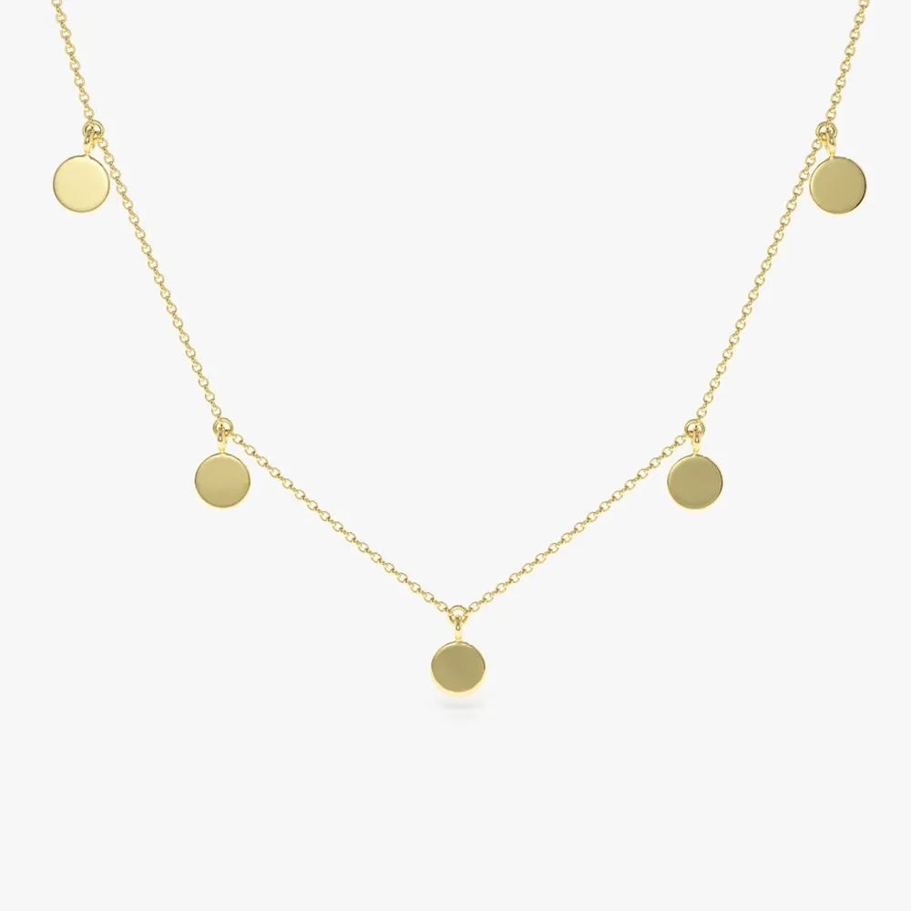 14k Solid Gold Round Coin Disc Choker Necklace with 9 Multi Discs