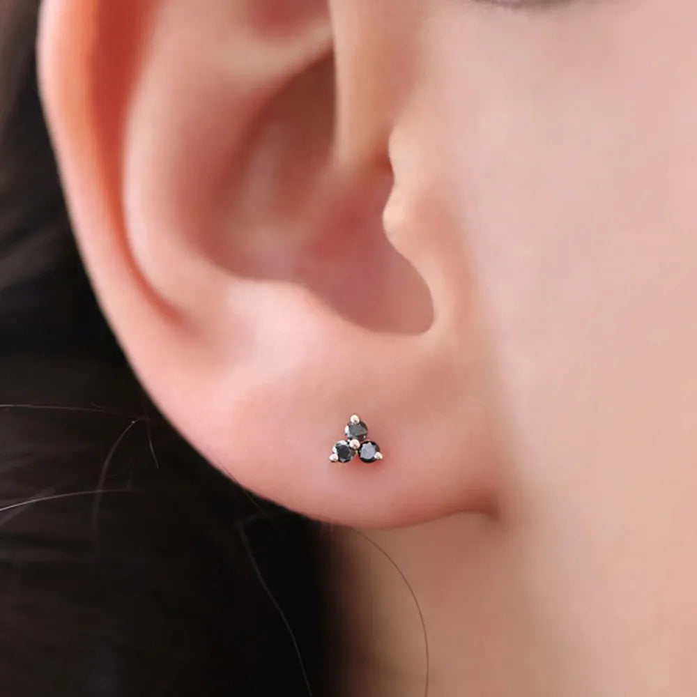 14k Gold Black Diamond Round Cut Trio Leaf Pattern Stud Earrings Prong Setting 0.18 ctw