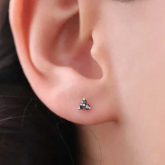 14k Gold Black Diamond Round Cut Trio Leaf Pattern Stud Earrings Prong Setting 0.18 ctw