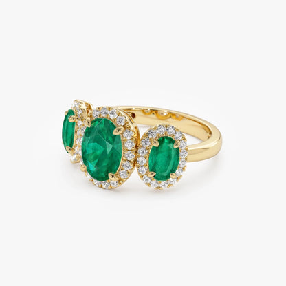 14K Solid Gold Oval Emerald and Round Diamond Three Stone Engagement Ring 2.30 CTW