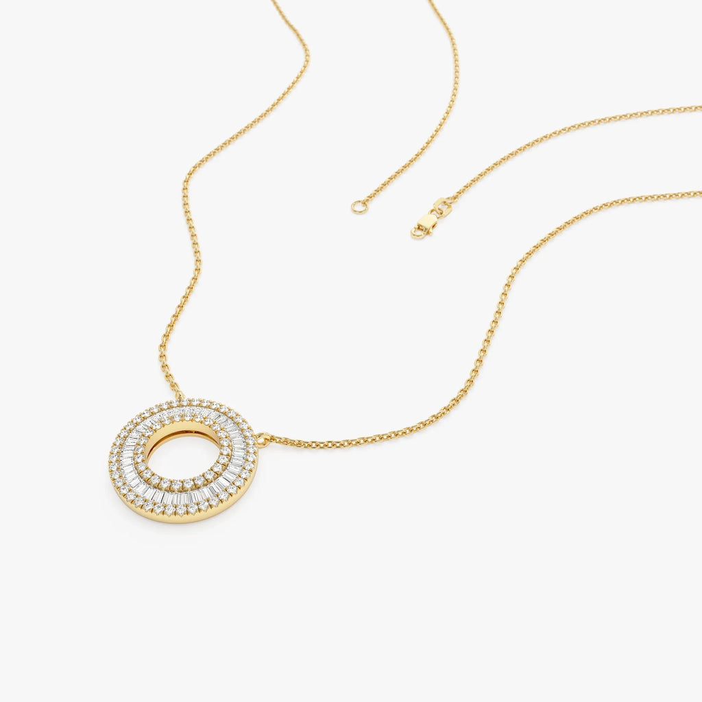 14K Solid Gold Baguette and Round Diamond Circle Pendant Necklace 0.51ctw