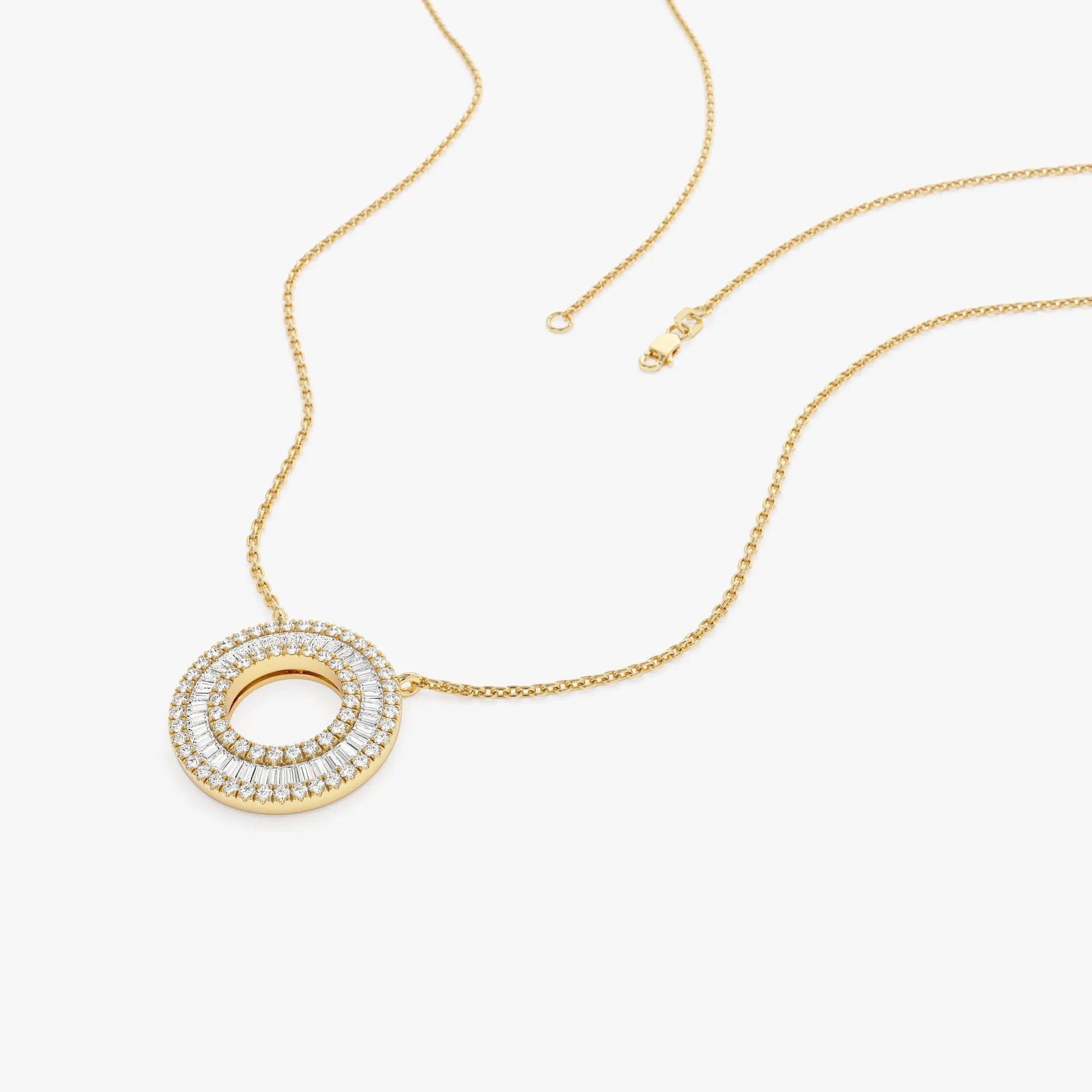 14K Solid Gold Baguette and Round Diamond Circle Pendant Necklace 0.51ctw