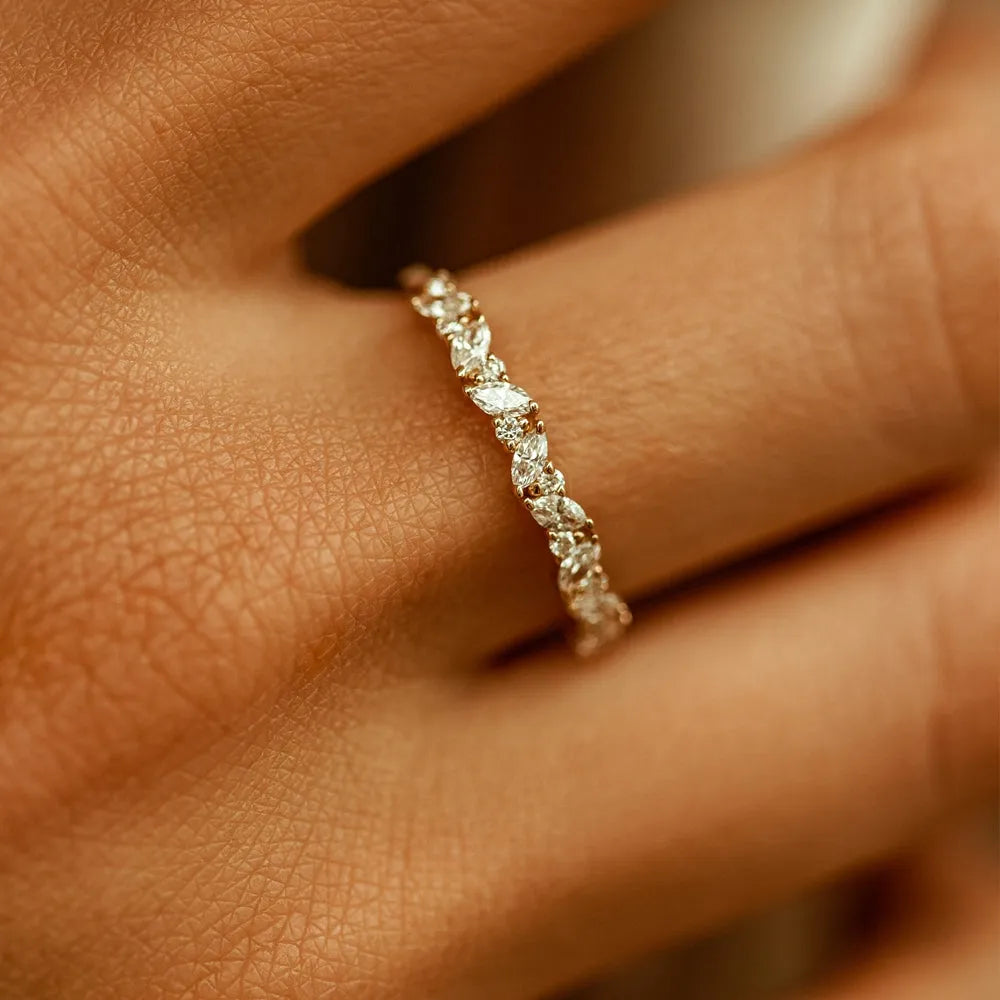 14k Solid Gold Marquise and Round Diamond Slanted Prong Set Ring 0.35 Carat