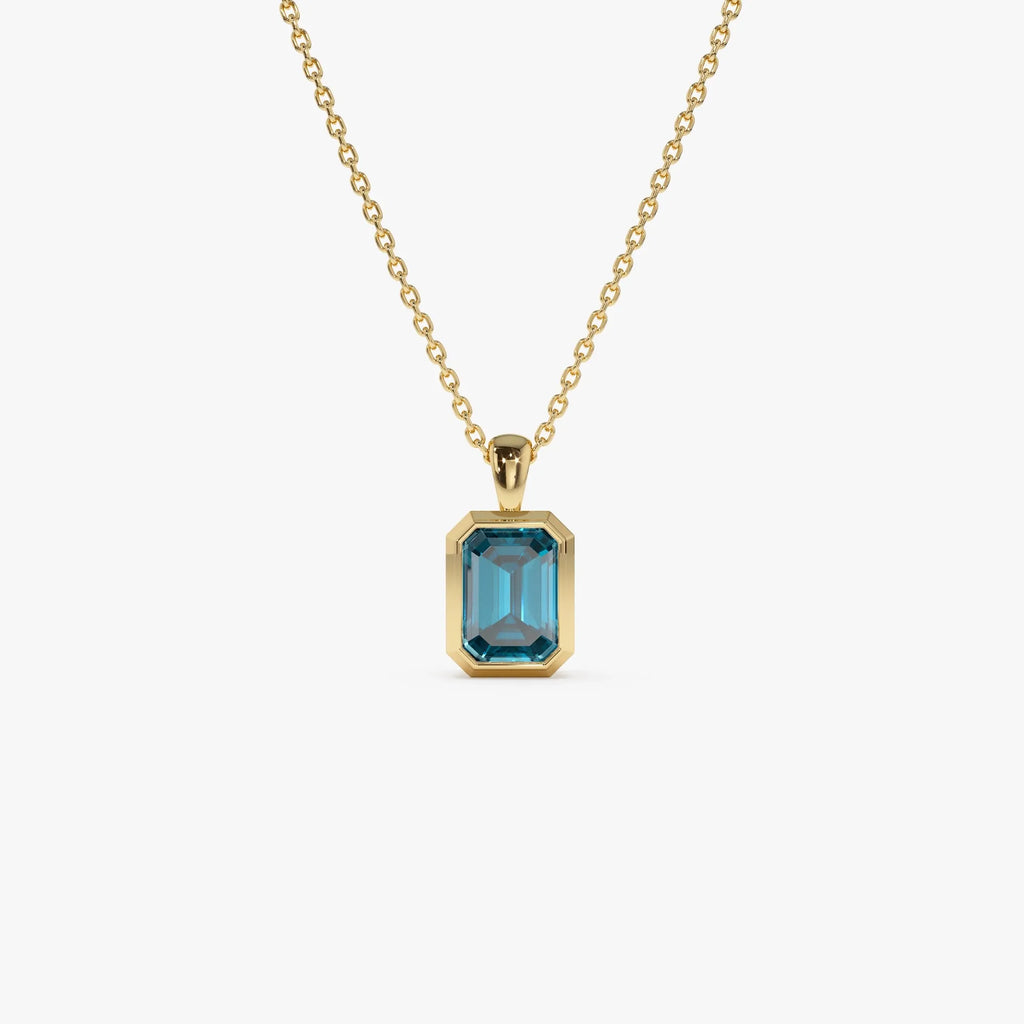 14k Solid Gold London Blue Topaz Emerald Cut Vertical Pendant 1.2 Carat Bezel Setting