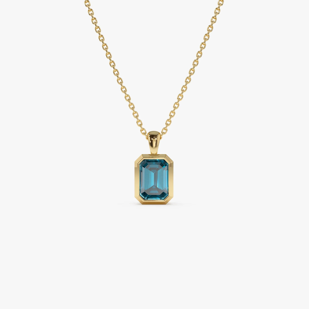 14k Solid Gold London Blue Topaz Emerald Cut Vertical Pendant 1.2 Carat Bezel Setting