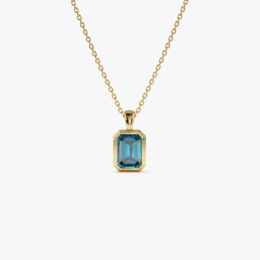 14k Solid Gold London Blue Topaz Emerald Cut Vertical Pendant 1.2 Carat Bezel Setting