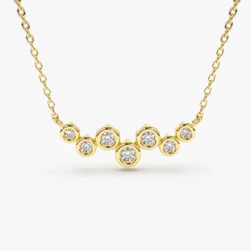 14K Solid Gold Round Diamond 7 Stone Floating Bubble Necklace Bezel Set 0.30ctw