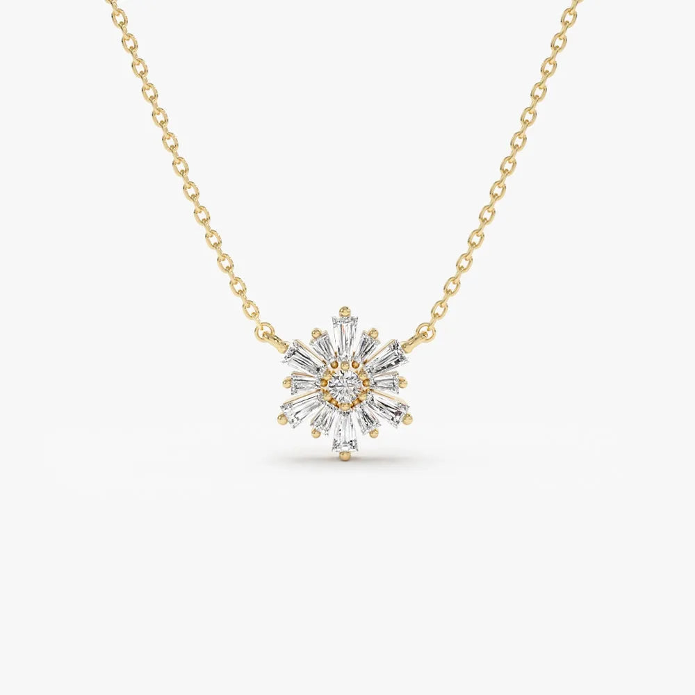 14K Solid Gold Round and Tapered Baguette Diamond Necklace Prong Setting 0.36ctw