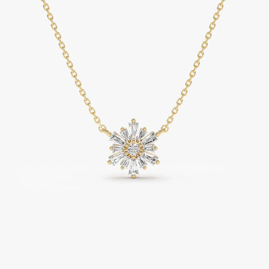 14K Solid Gold Round and Tapered Baguette Diamond Necklace Prong Setting 0.36ctw