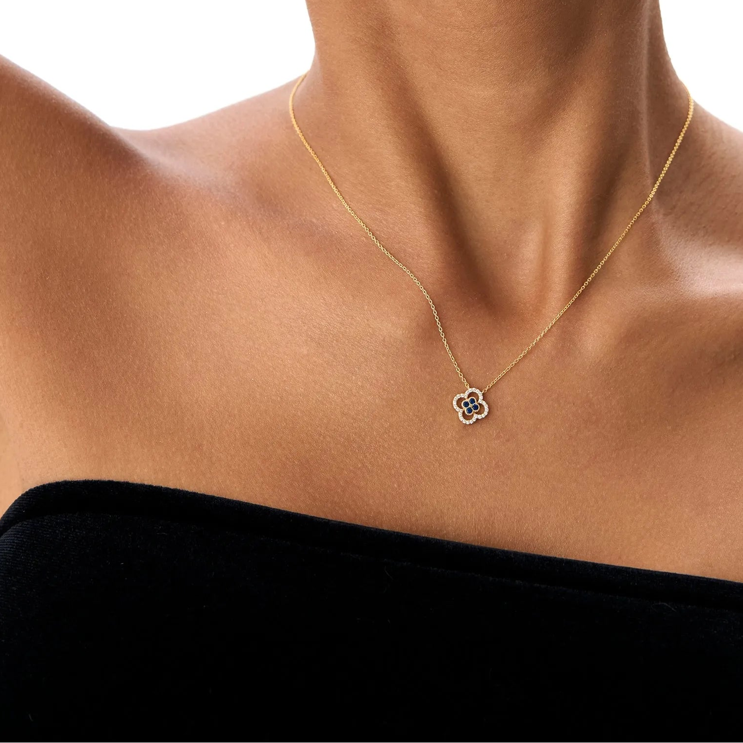 14k Solid Gold Sapphire and Diamond Round Clover Halo Pendant Necklace