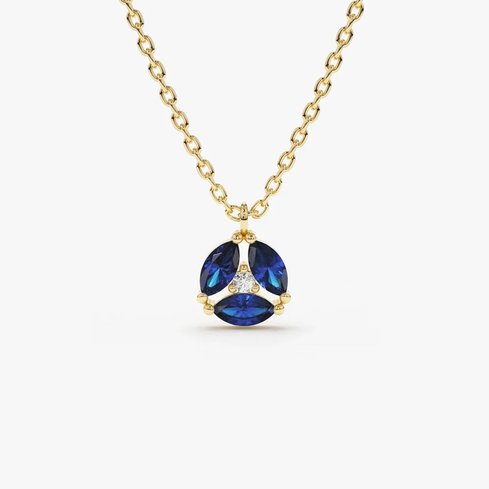 14k Solid Gold Marquise Sapphire 0.32 CTW and Round Diamond 0.01 CTW Cluster Necklace
