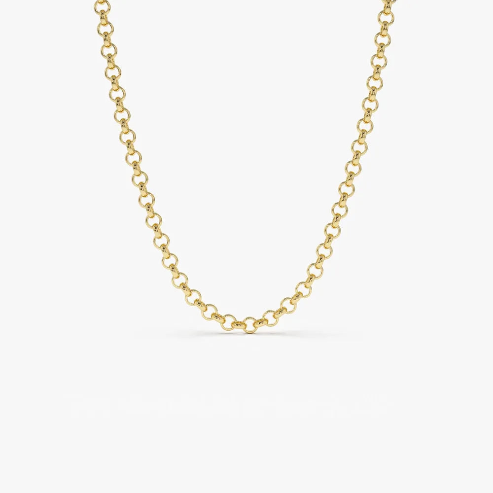 14k Solid Gold Round Rolo Link Chain Necklace