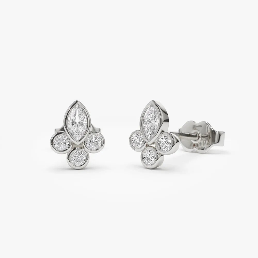 14k Gold Diamond Marquise and Round Cut Crown Earrings Bezel Setting 0.29 ctw