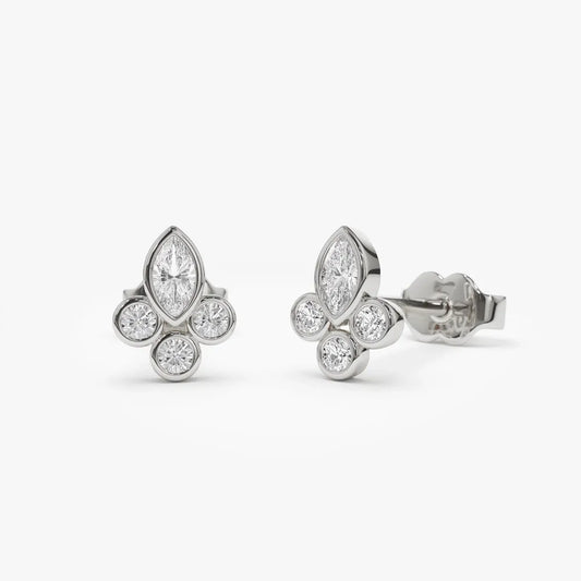 14k Gold Diamond Marquise and Round Cut Crown Earrings Bezel Setting 0.29 ctw
