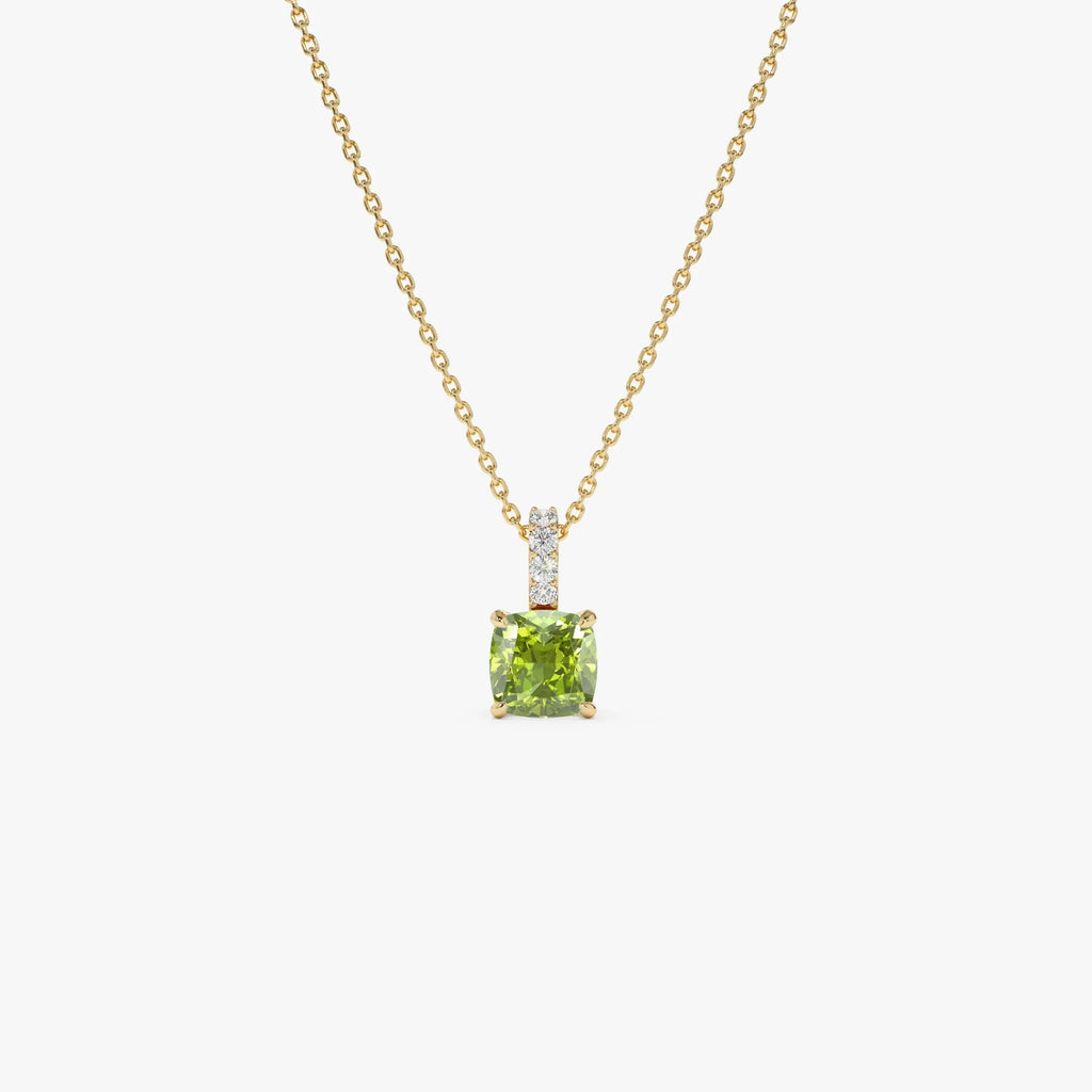14k Solid Gold Peridot and Diamond Cushion Cut Pendant Necklace 1.02 Carat