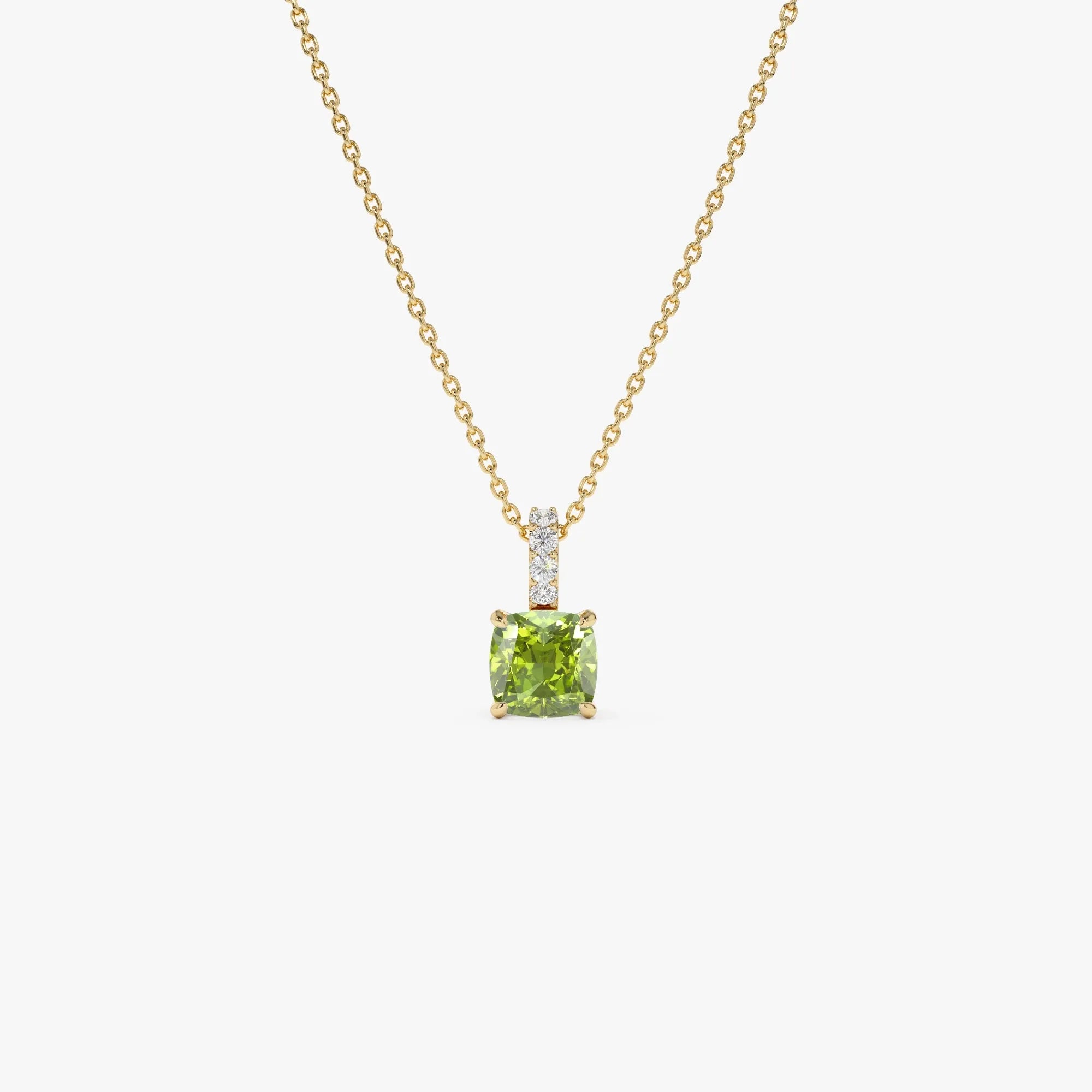 14k Solid Gold Peridot and Diamond Cushion Cut Pendant Necklace 1.02 Carat